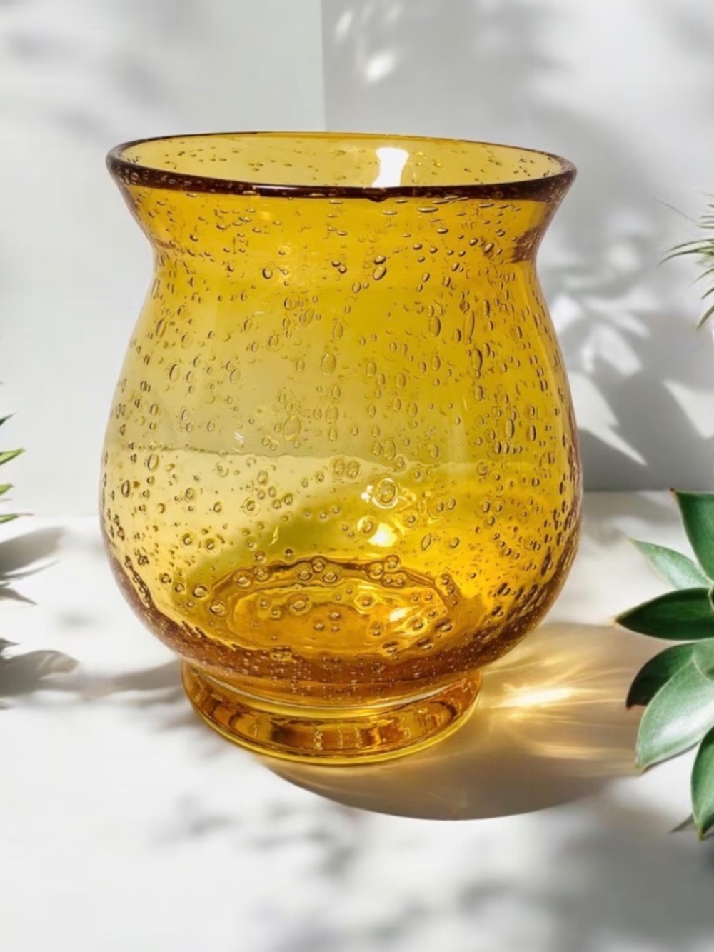 Hand Blown Amber Art Glass Vase Murano Style 4.5” Tall Bubble Bullicante Design